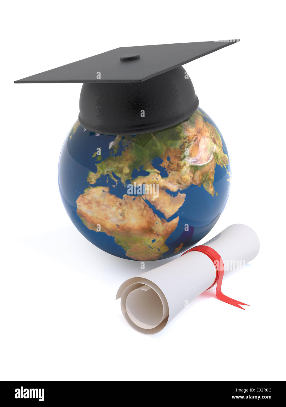 3d render of a globe of the Earth with mortar board and diploma scroll