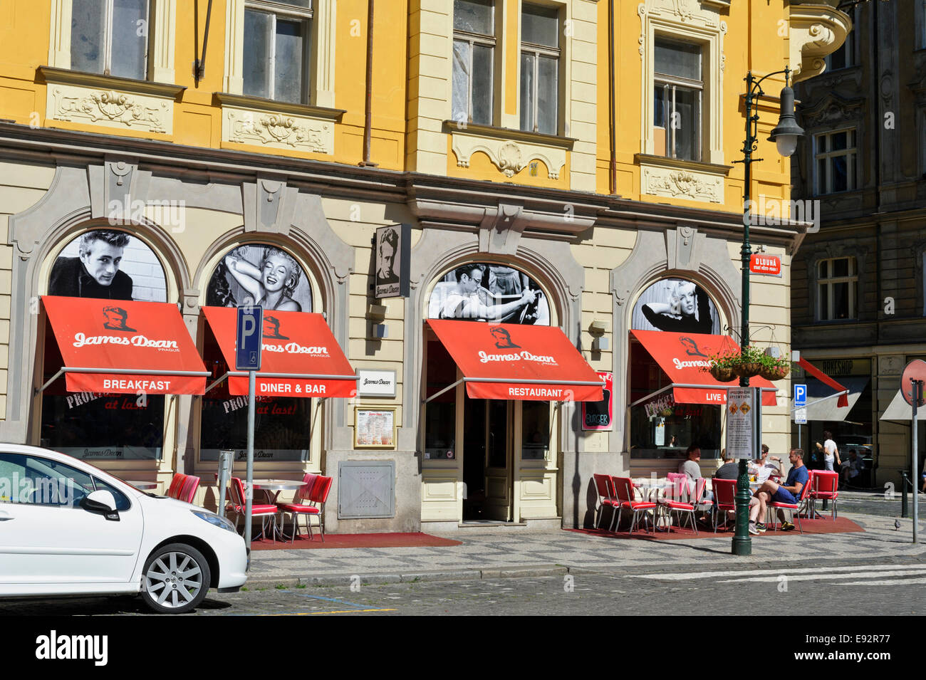 The exterior of James Dean restaurant with black and white photographs
