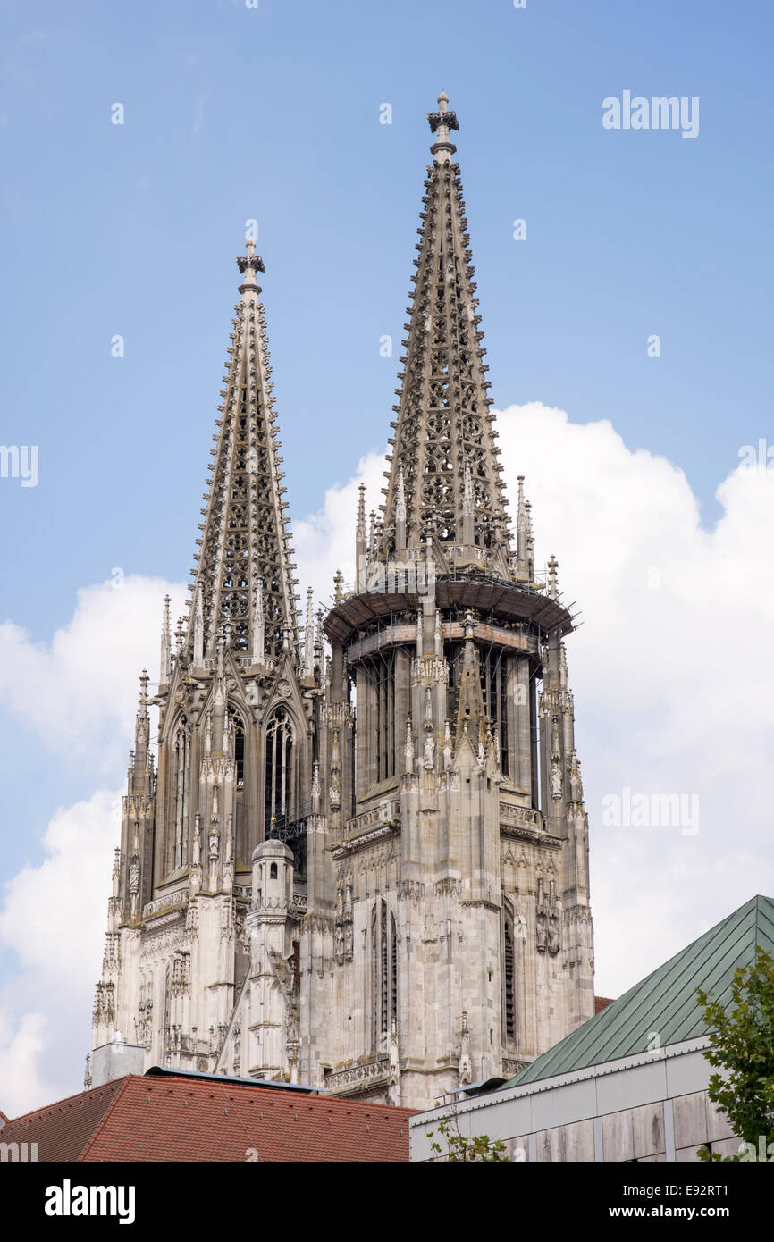 Towers of the Regensburger Dom (Cathedral of Regensburg). Stock Photo