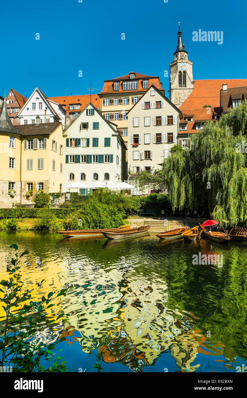 historic part of tuebingen seen from the neckar island, in the foreground the typical punts, tuebingen, baden-wuerttemberg Stock Photo