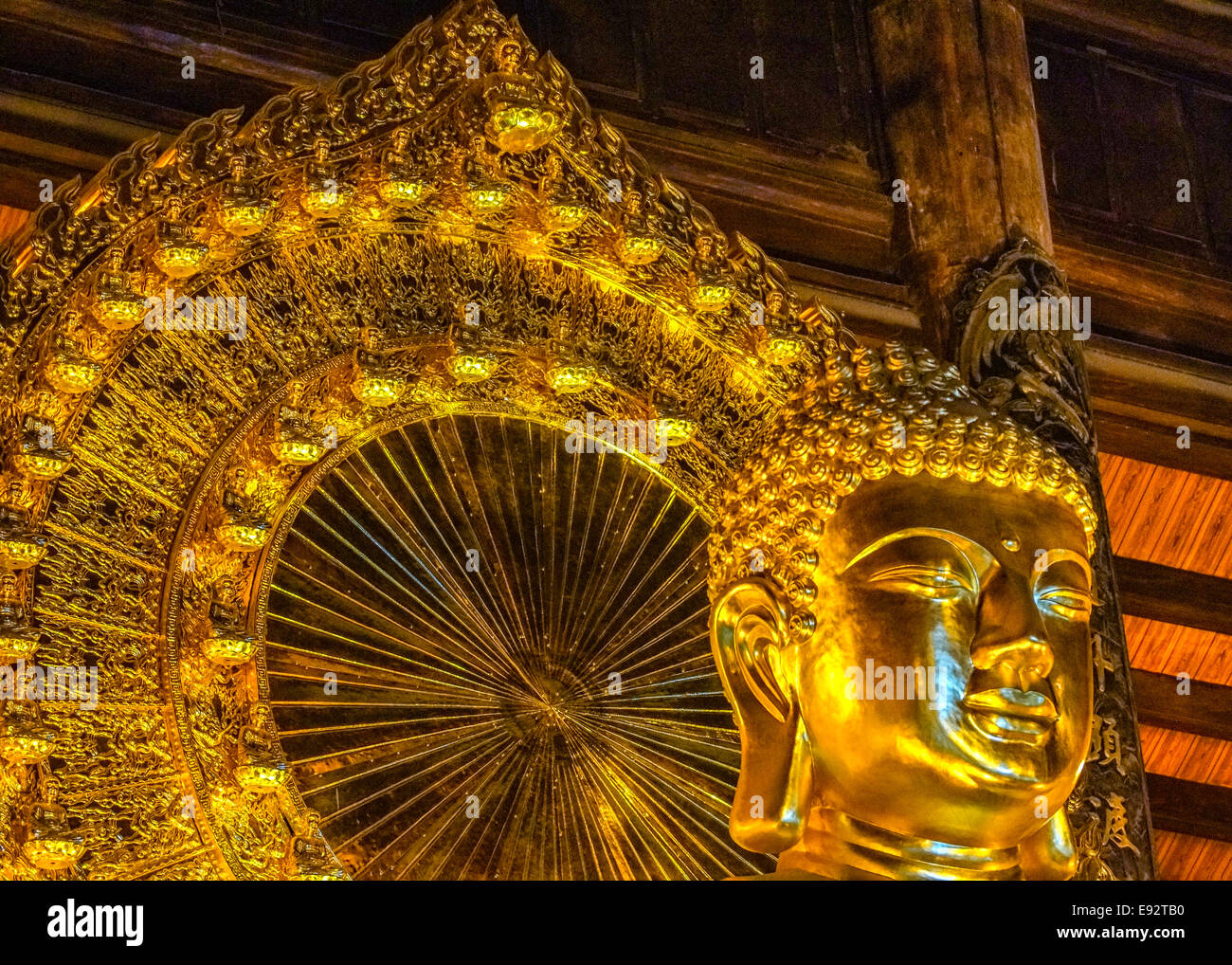Sideways shot of Buddha face plus peacock style back frame. Stock Photo