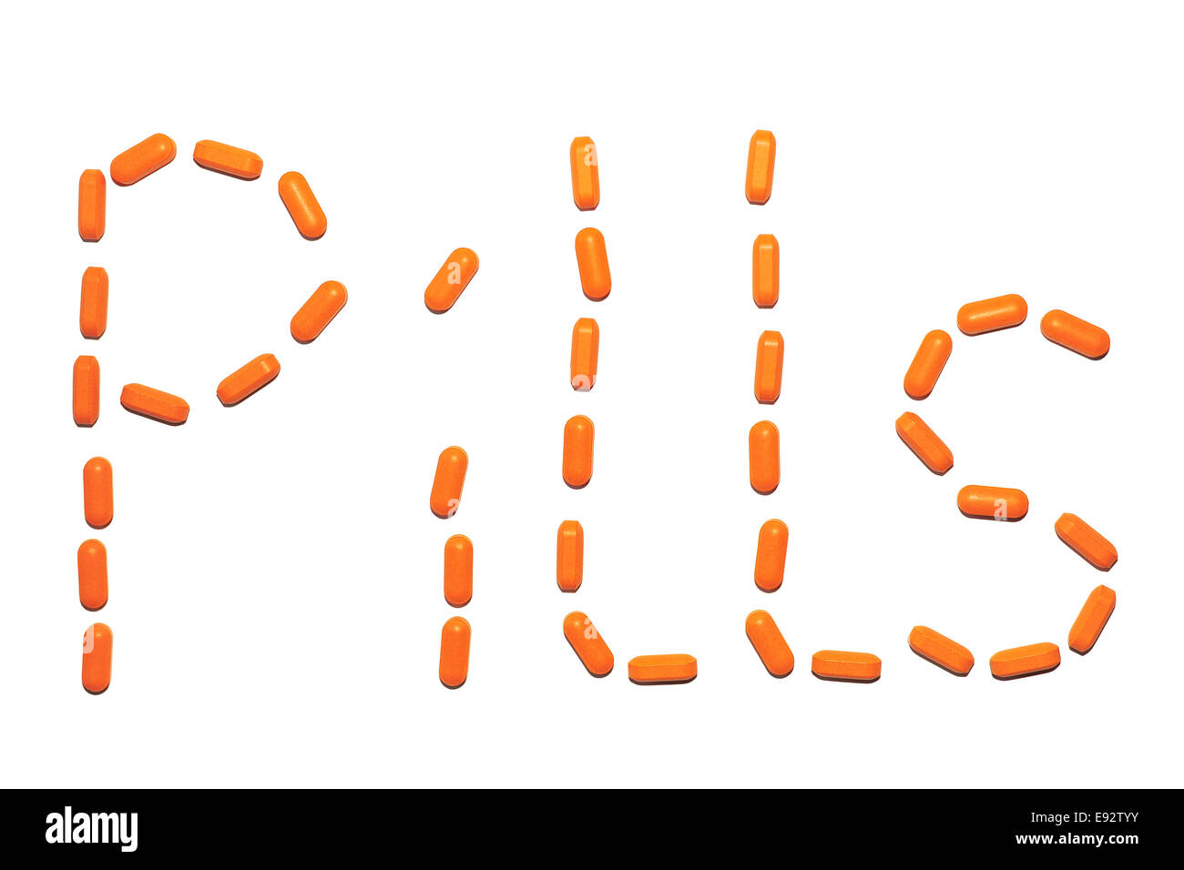 An image of the word pills made from orange medical pills against a
