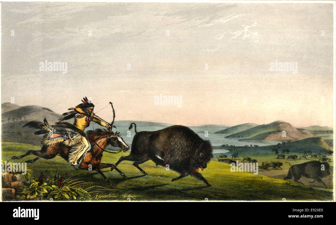 Hunting the Buffalo, Rice Rutter & Co, from a Painting by Peter Rindisbacher 'Assiniboin Hunting on Horseback', 1836 Stock Photo