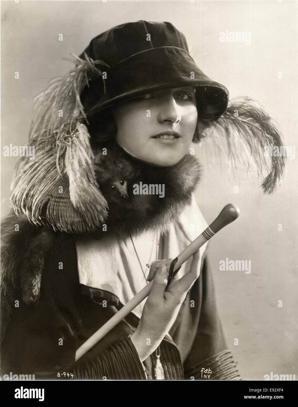 Fashionable Woman in Velvet Hat and Sable Fur Scarf, Portrait, circa 1922 Stock Photo