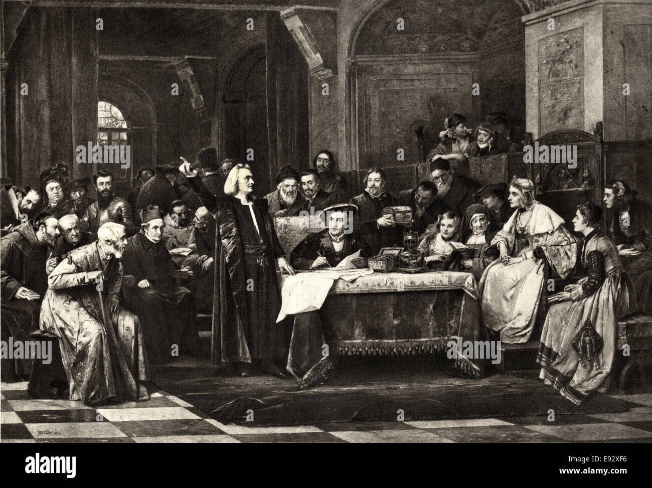 Christopher Columbus Appearing Before Queen Isabella and the Spanish Court, from a Painting by V. Brozik, 1884 Stock Photo