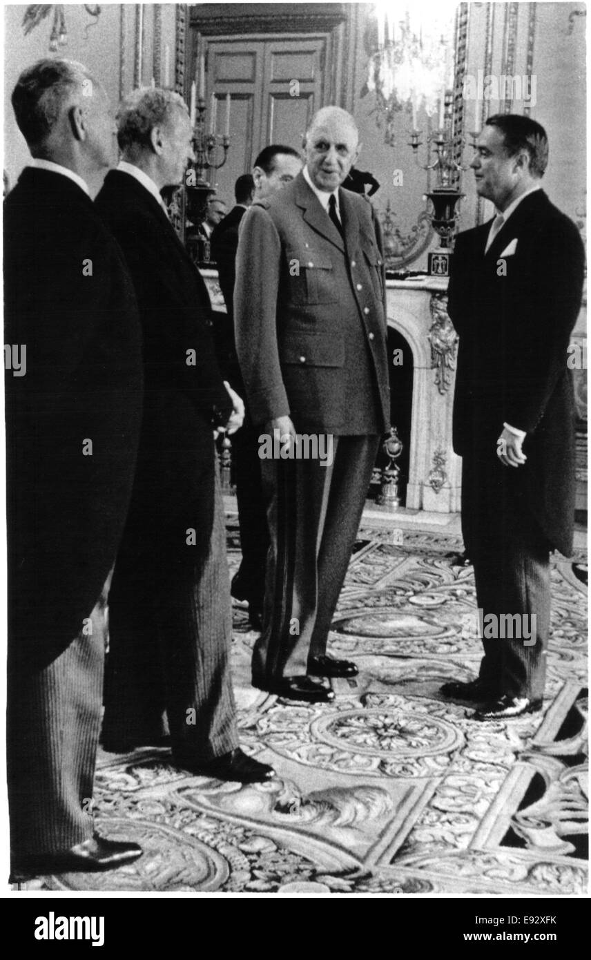 French President Charles De Gaulle Facing Sargent Shriver, U.S. Ambassador to France, during Reception, Paris, France, 1968 Stock Photo