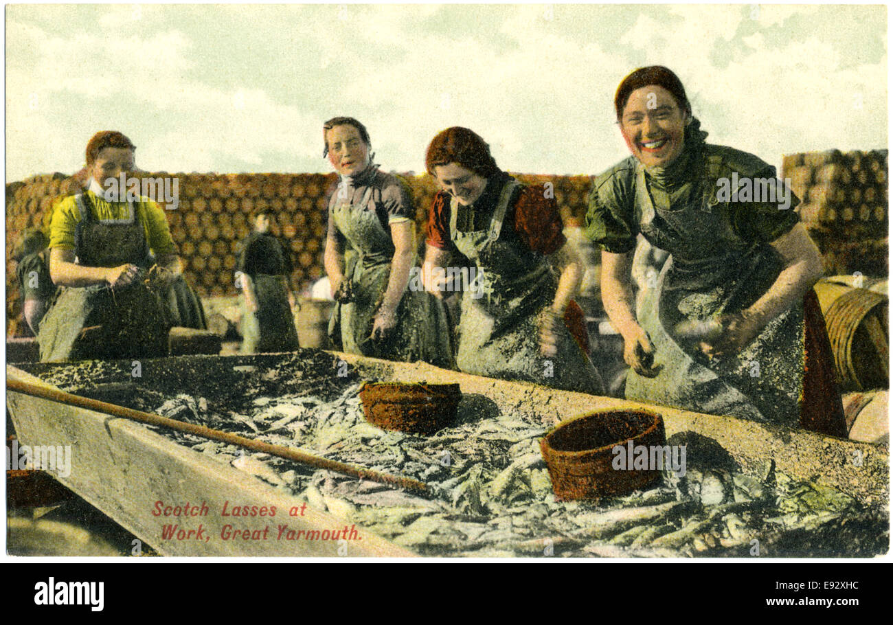 Four Lasses of Work, Great Yarmouth, Norfolk, England, Hand-Colored Postcard Stock Photo