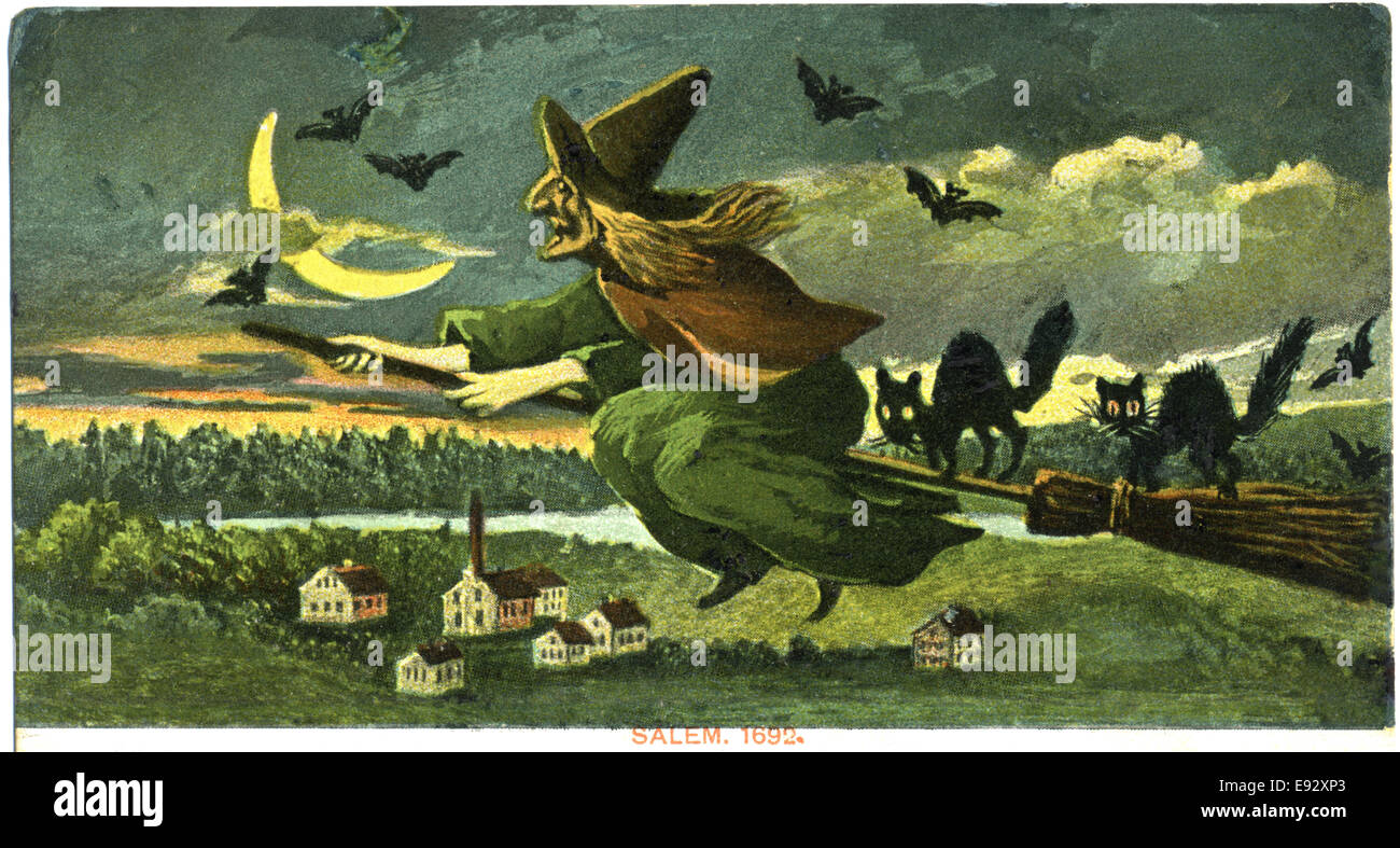 Witch on Broom with Black Cats and Bats, 'Salem 1692', Postcard Stock Photo