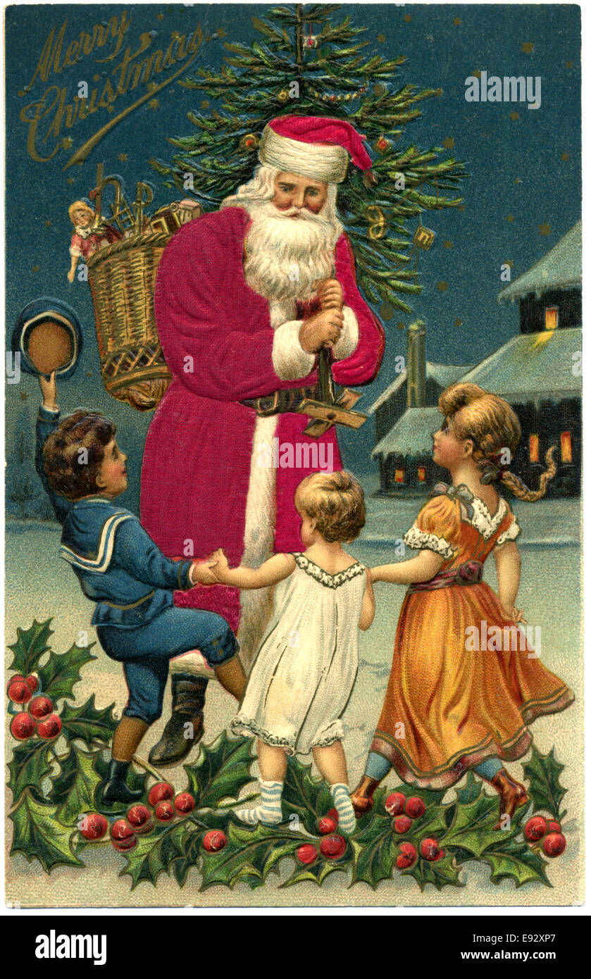 Santa Claus with Three Children, 'Merry Christmas', Postcard Stock Photo