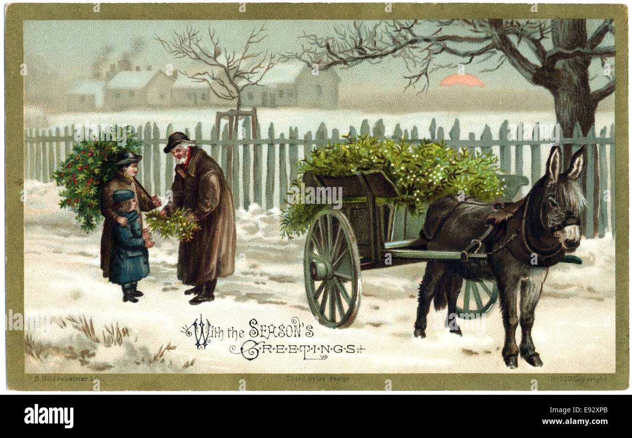Mistletoe Seller and Donkey Cart with Woman and Child in Snow, 'With the Season's Greetings', Christmas Card Stock Photo