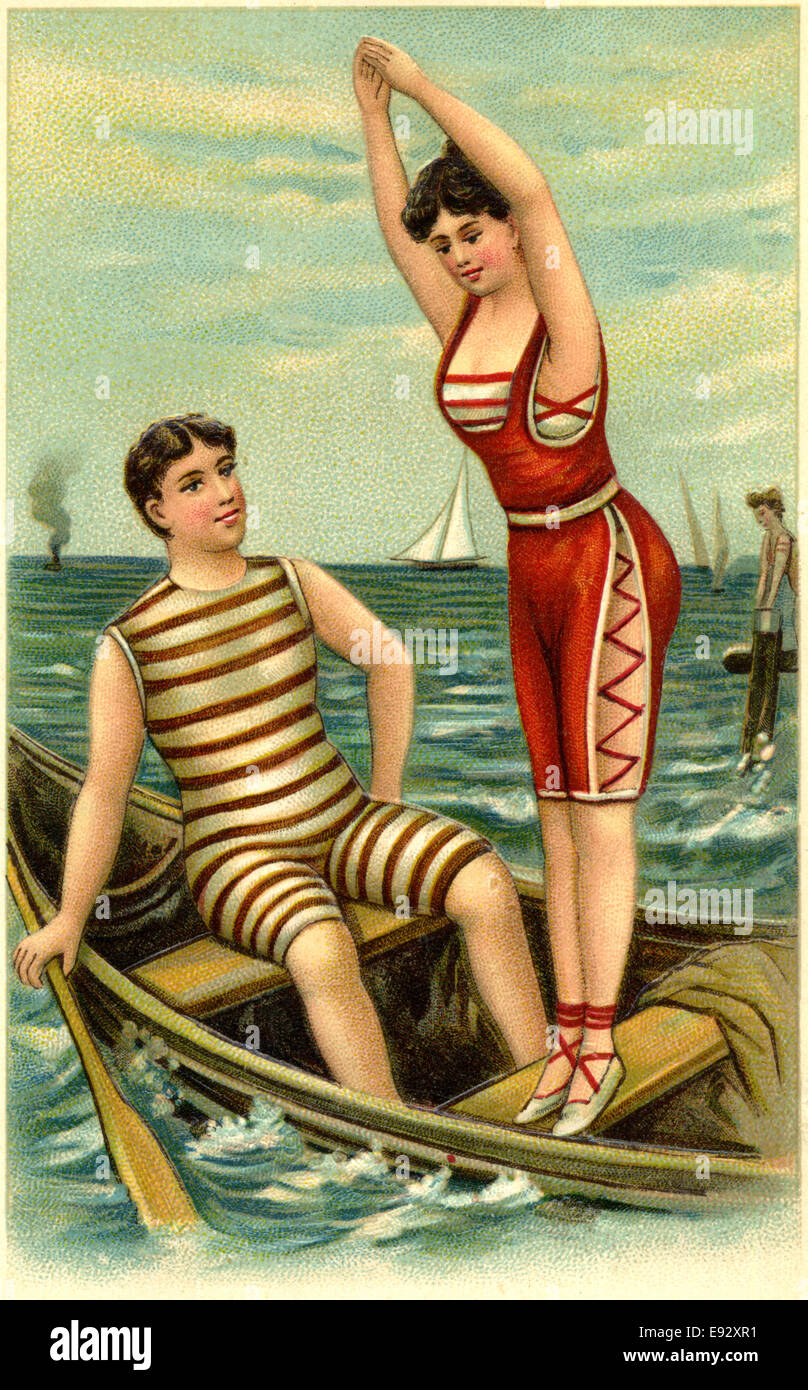 Man and Woman in Bathing Suits in Rowboat, Illustration, Postcard, circa early 1900's Stock Photo