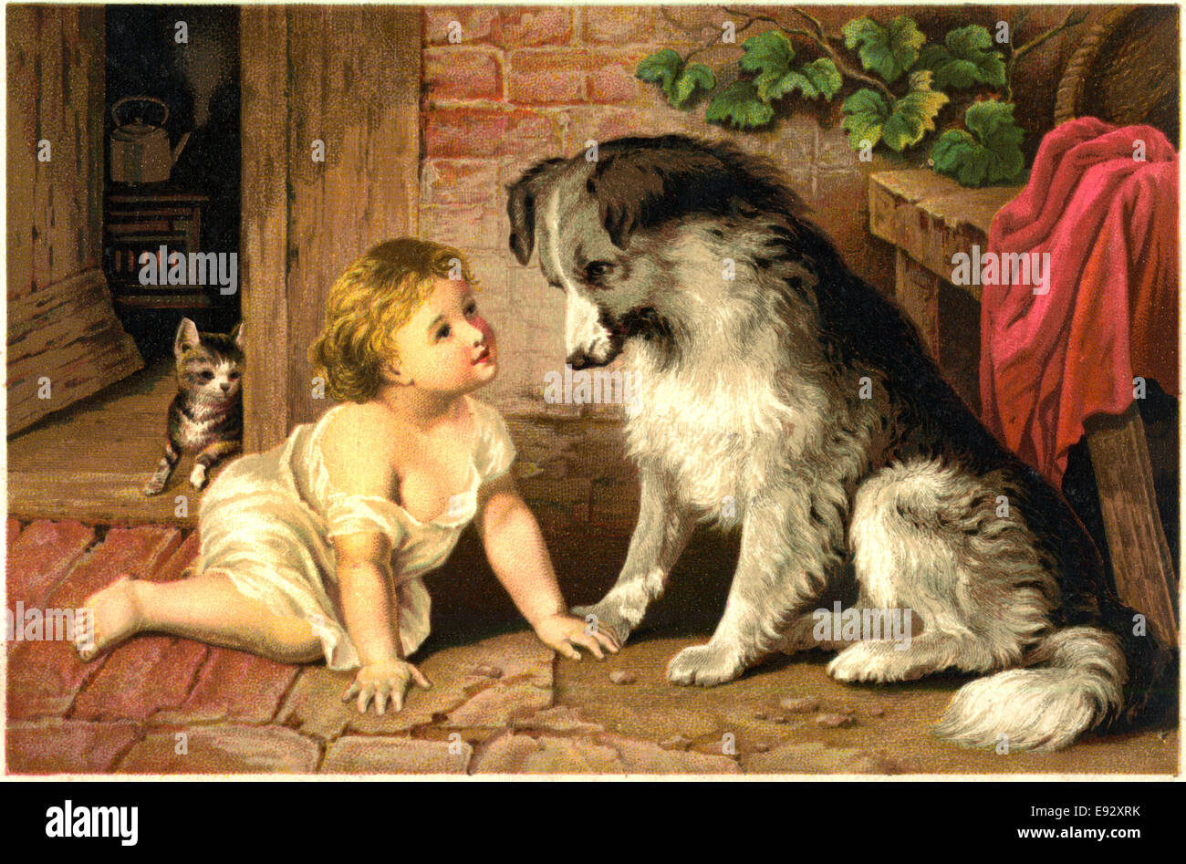 Child and Dog Sitting on Floor, 'Can't you Talk', Dr. D. Jayne's Tonic Vermifuge, Trade Card, circa 1890's Stock Photo