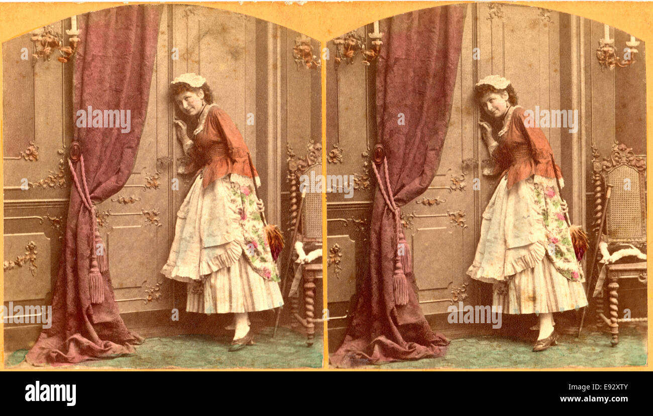 Maid with Feather Duster Eavesdropping at Door, Stereo Card, circa early 1900's Stock Photo