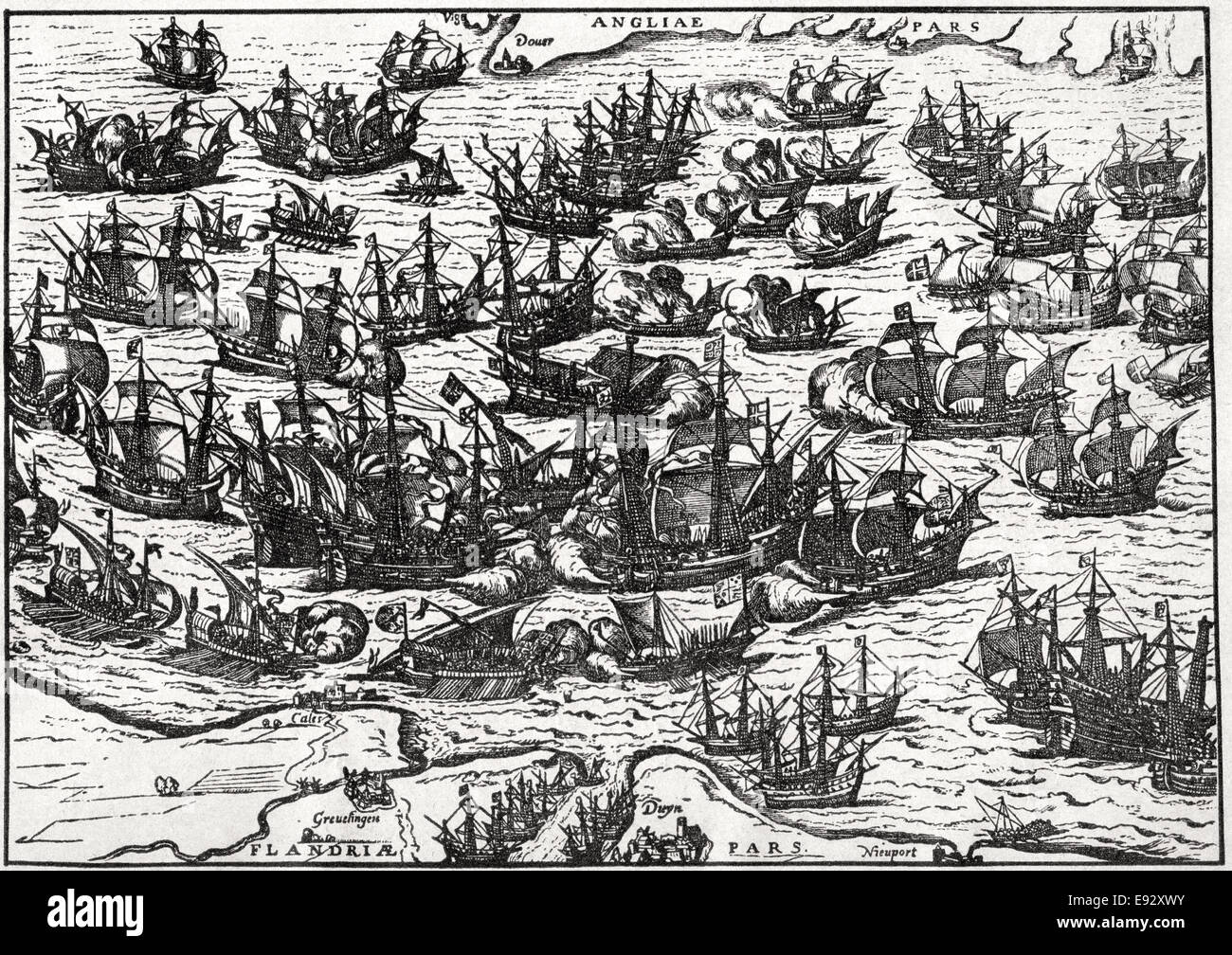 English Attacking Spanish Armada, English channel, Illustration, July 19, 1588 Stock Photo