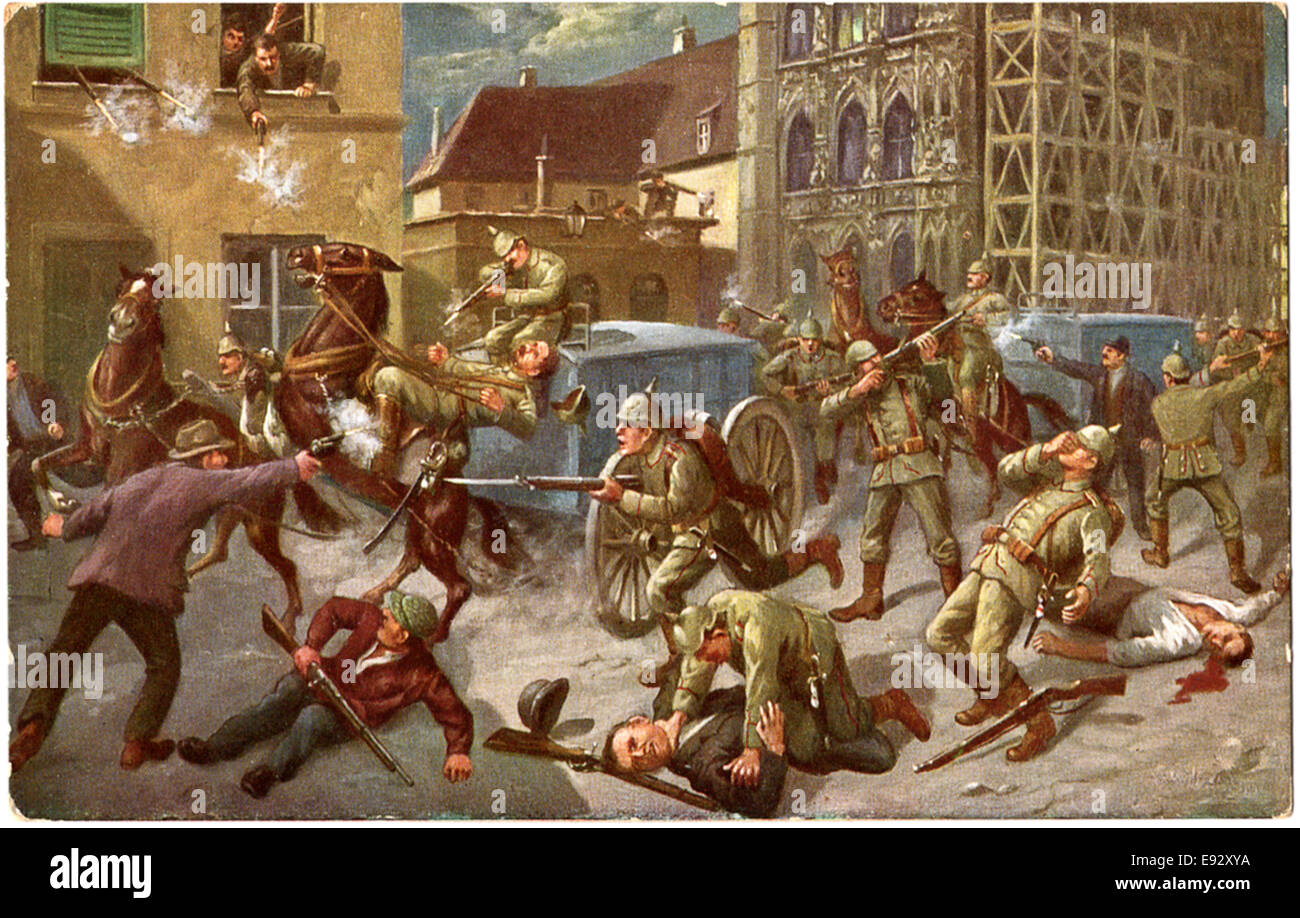 Townspeople Fighting German Soldiers, Louvain, Belgium, 'Volkerkrieg 1914-15', German Postcard, circa 1915 Stock Photo