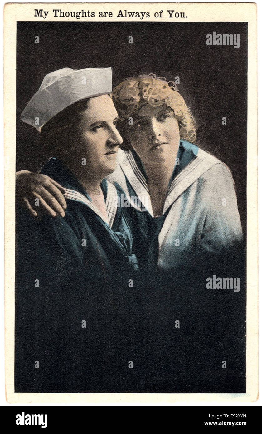 My Thoughts are Always of You,  Sailor Lovers, World War I, Hand-Colored Postcard, circa 1915 Stock Photo
