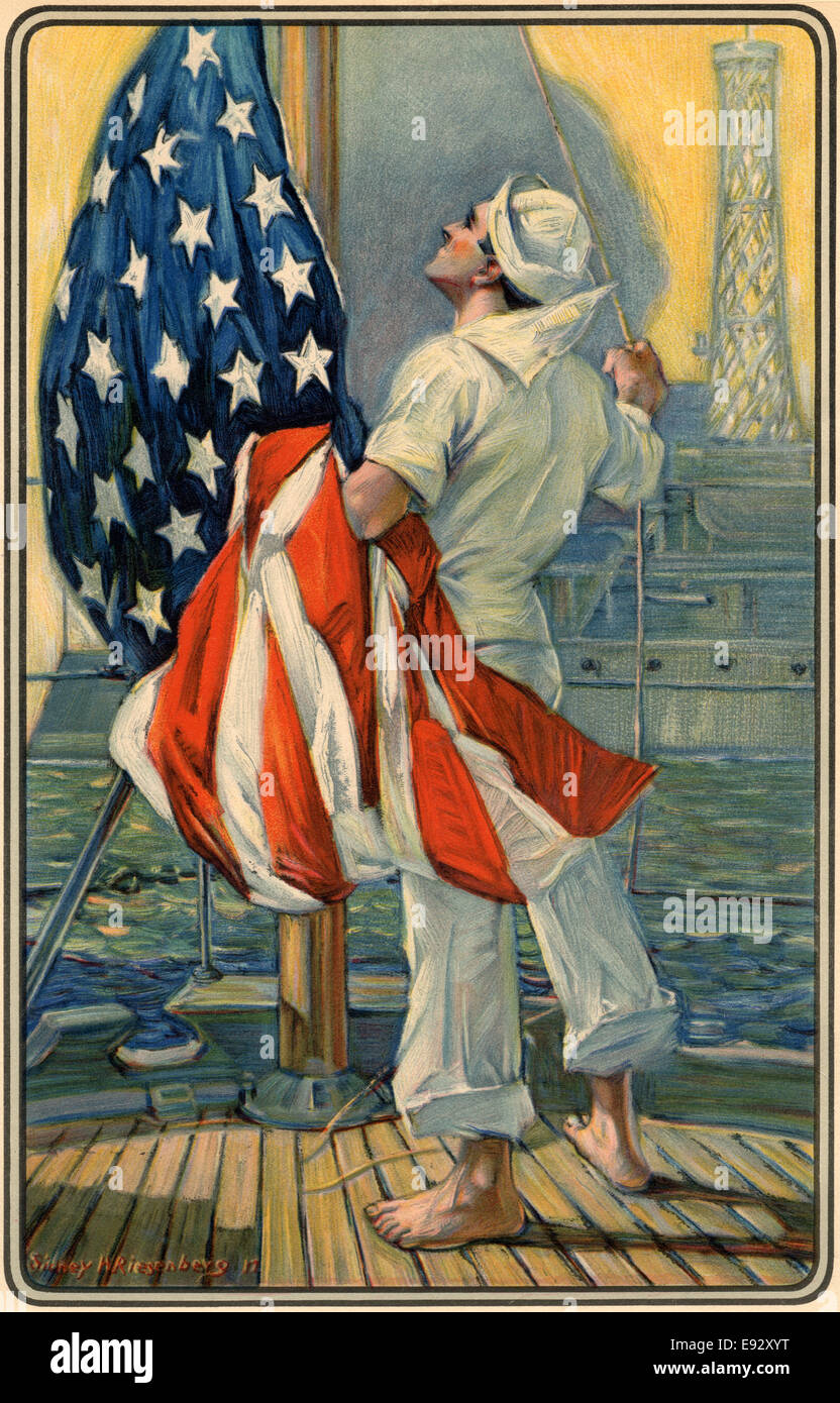 Sailor Raising American Flag on Ship, Painting, 1917 Stock Photo