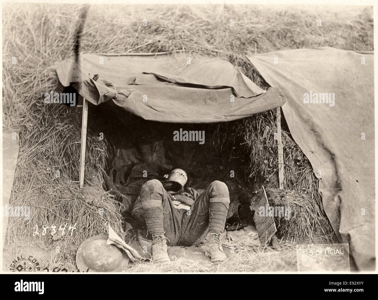 American Military Ambulance Driver Sleeping in Tent near Samogneux, France, circa 1918 Stock Photo