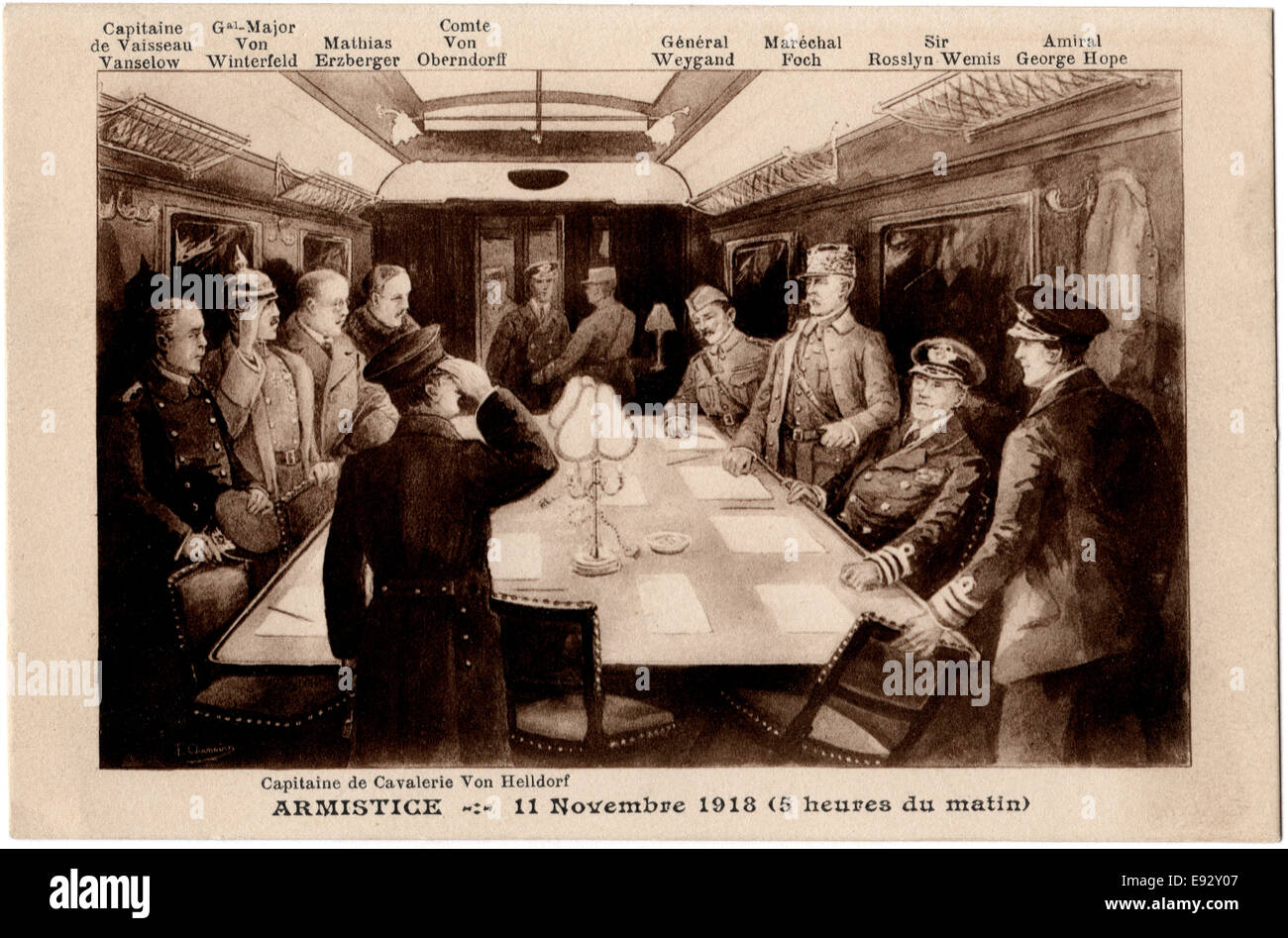 Armistice with Germany Ending World War I, Compiegne, France, November 11, 1918, Postcard Stock Photo