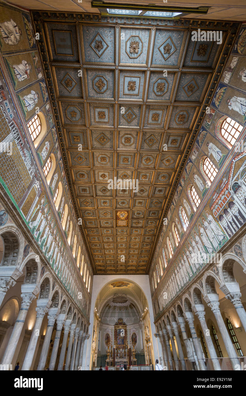 The Basilica of Sant' Apollinare Nuovo with mosaics and columns with