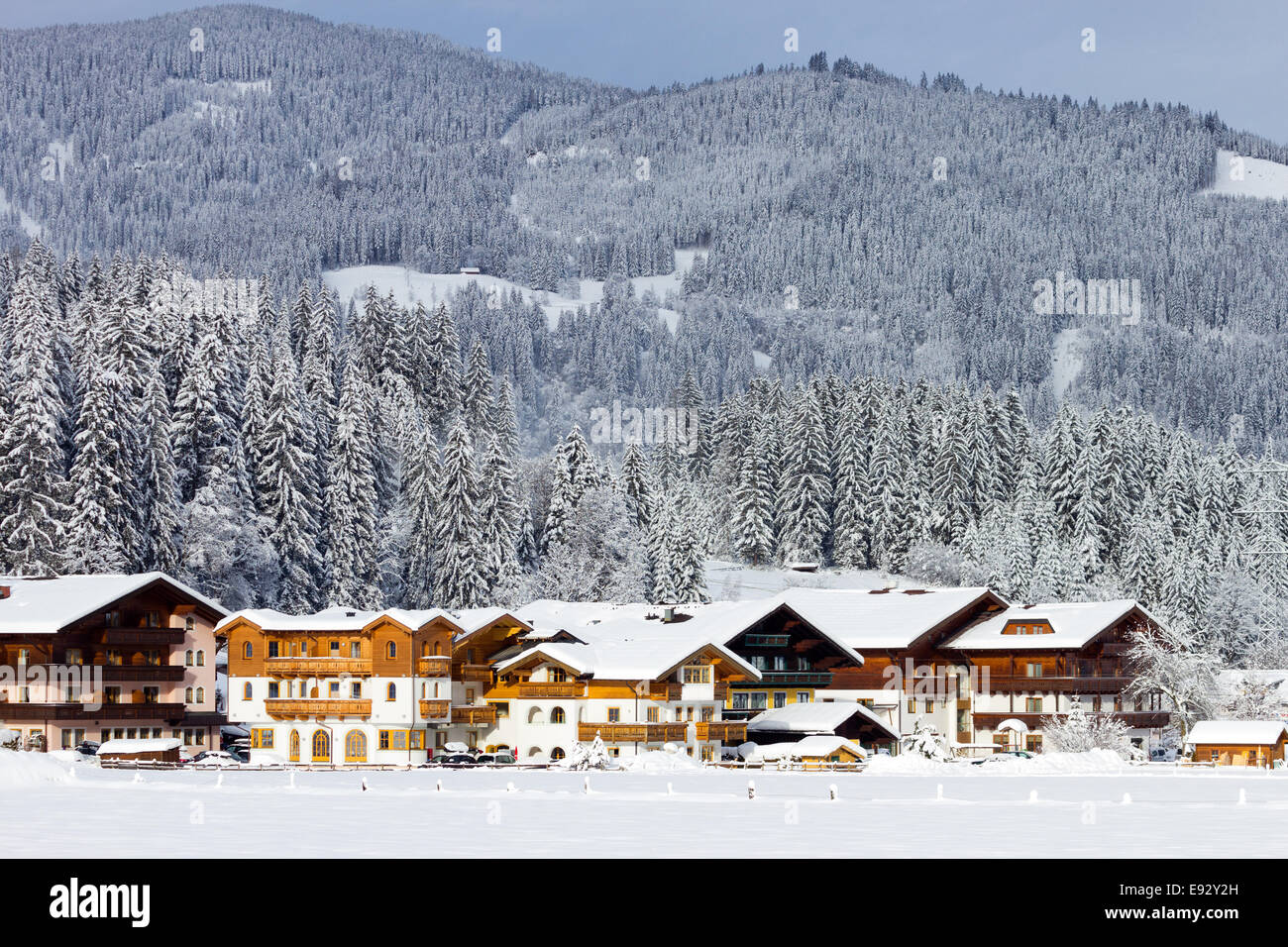 Hotels near a ski piste in Flachau in the European Alps. Stock Photo