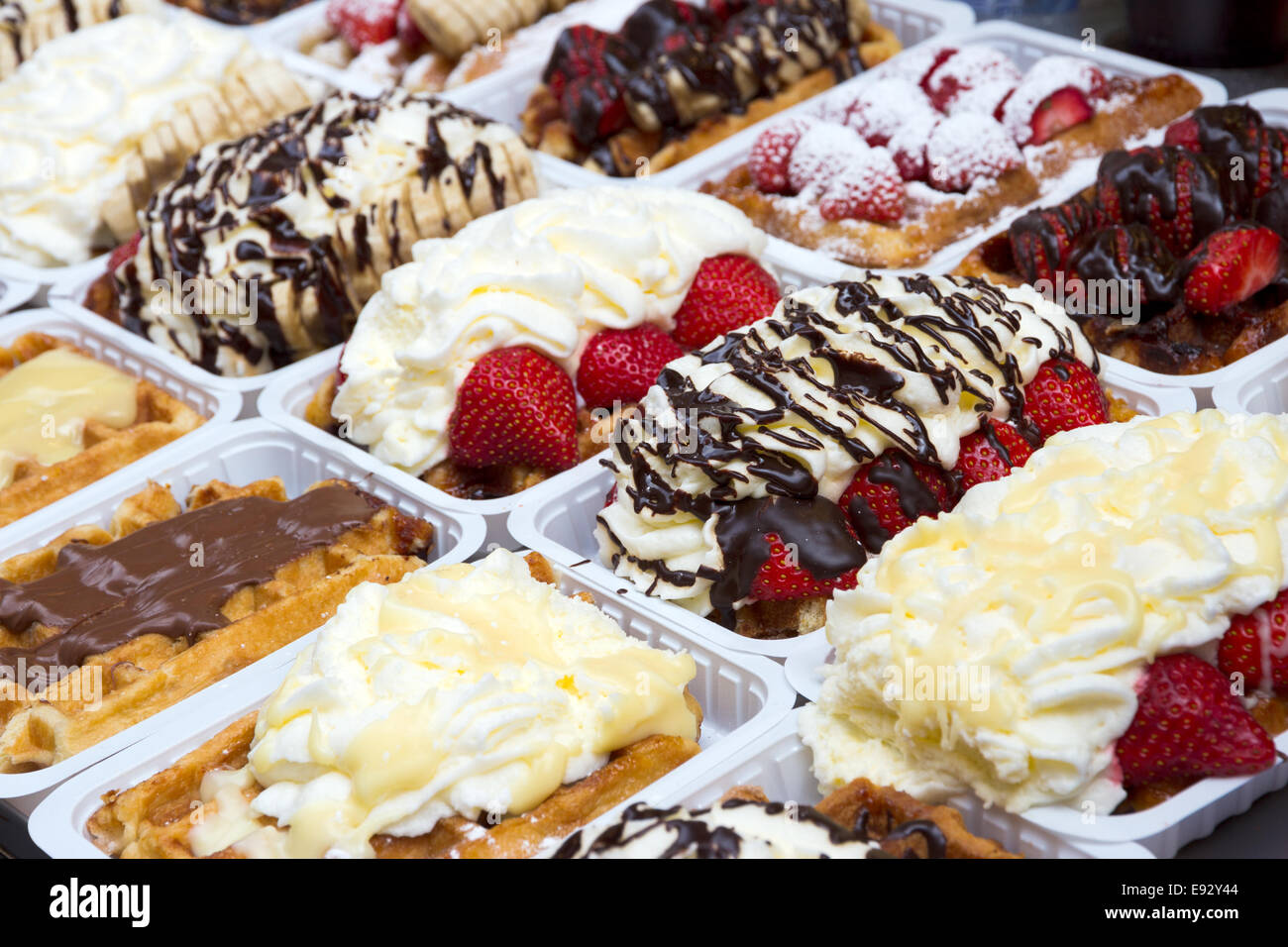 Selection of Belgian Waffles in Brussels Stock Photo