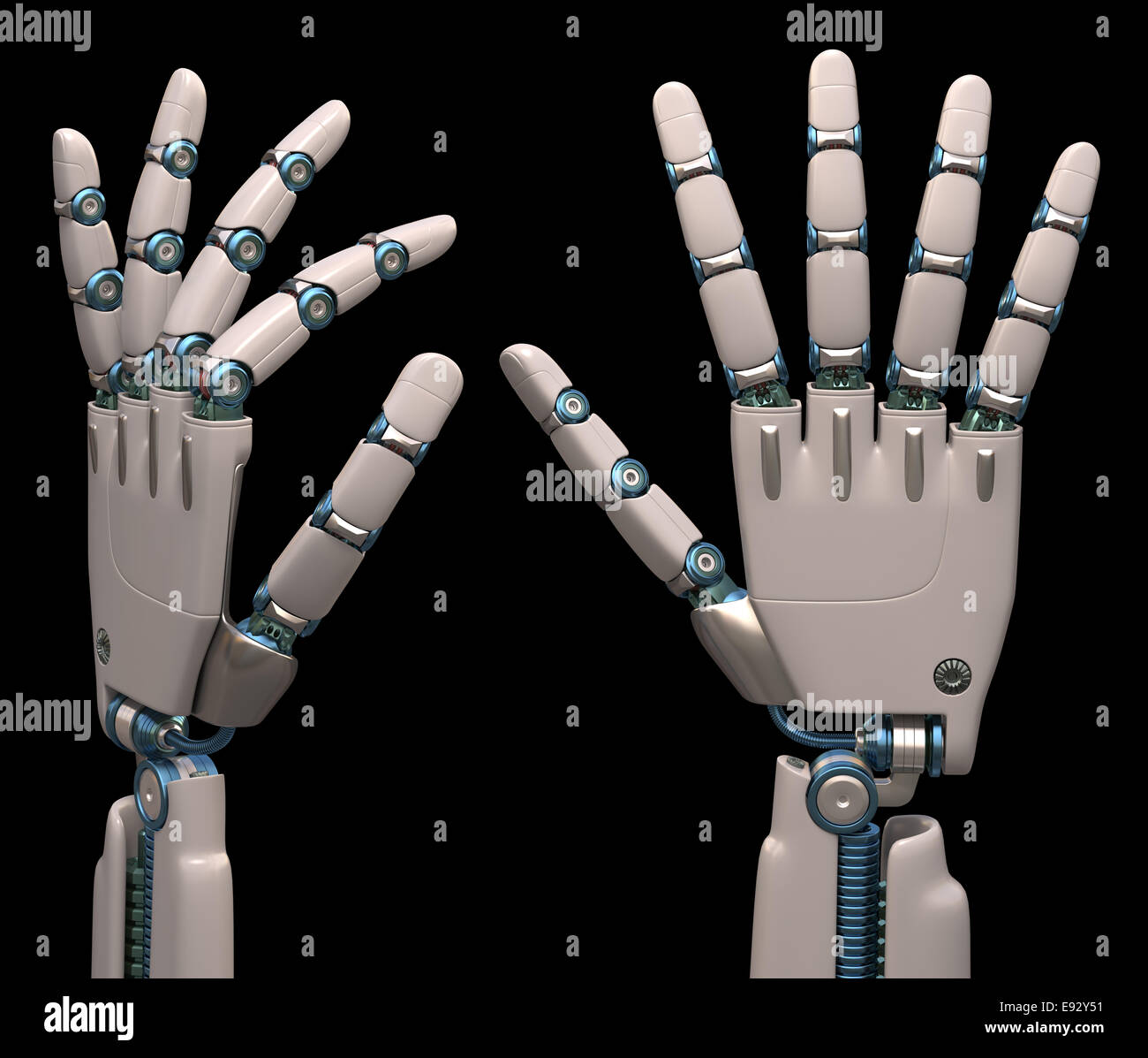 Robotic hands shaped and measures that mimic the human skeleton. Clipping path included. Stock Photo