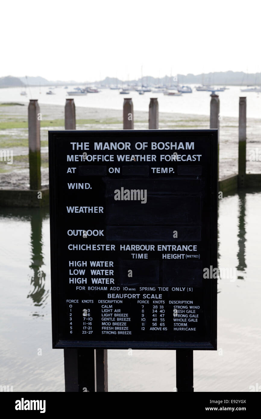 Weather forecast board at the harbour, Bosham, West Sussex Stock Photo