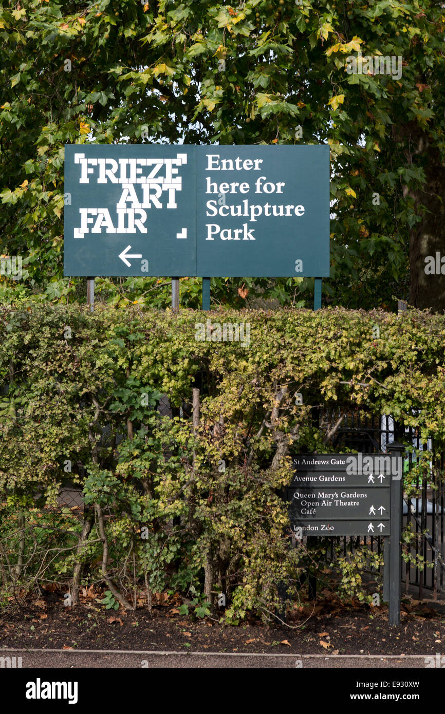 Frieze Art Fair 2014 sign, Regents Park, London, UK. Stock Photo