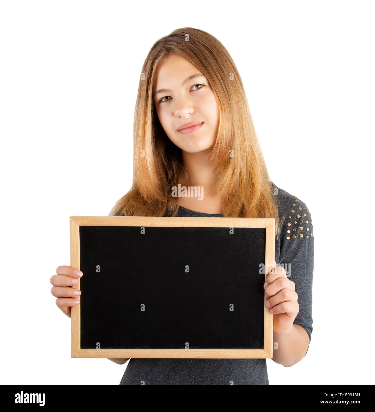 young girl holding blank board isolated on white Stock Photo