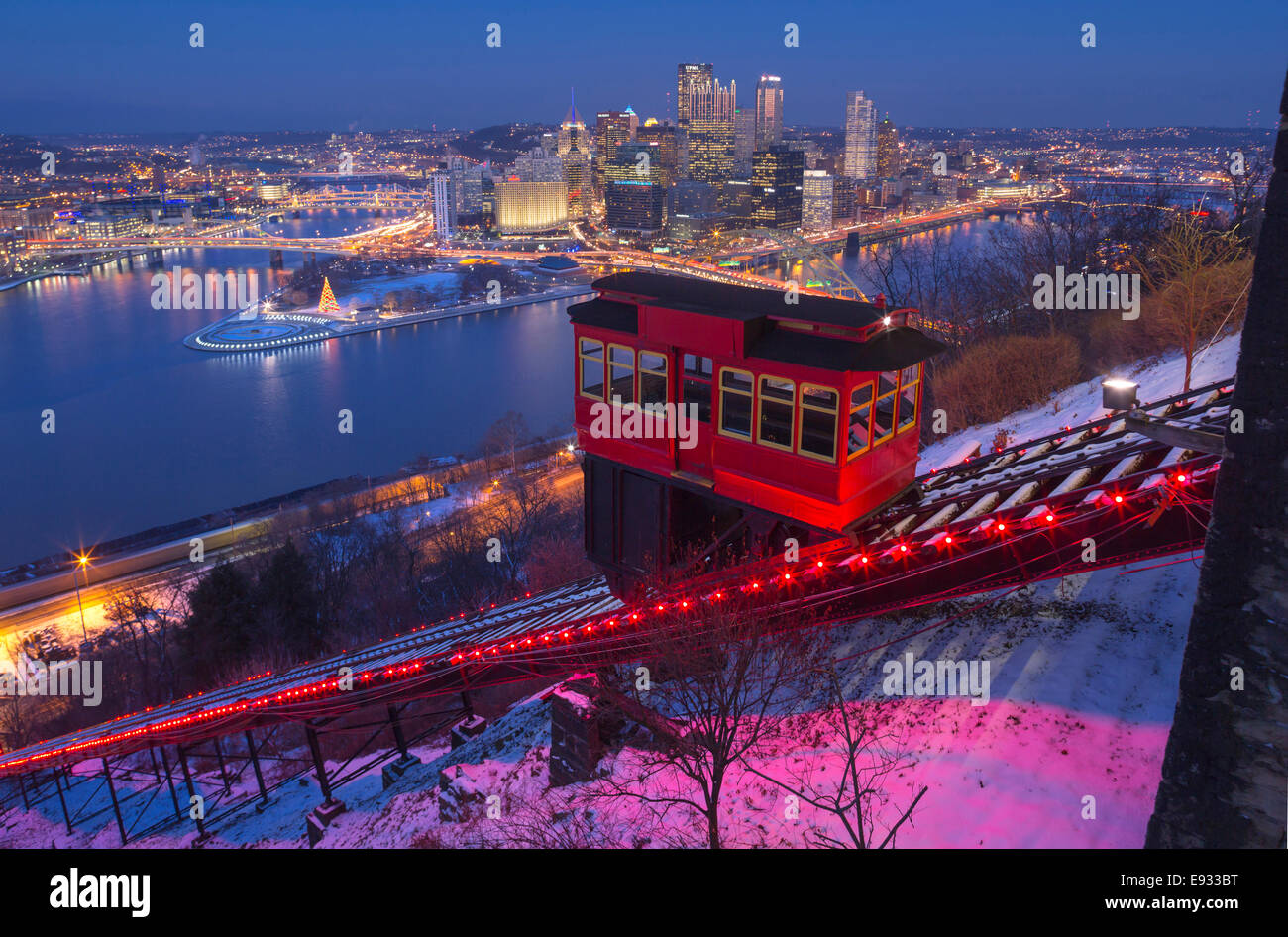 CHRISTMAS LIGHTS DUQUESNE INCLINE RED CABLE CAR MOUNT WASHINGTON