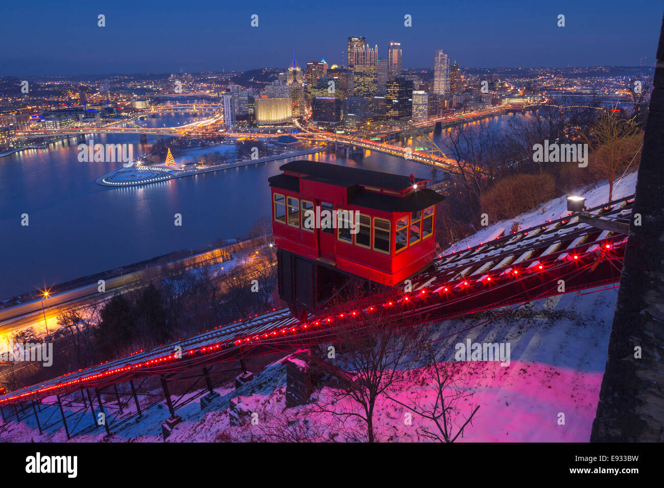 CHRISTMAS LIGHTS DUQUESNE INCLINE RED CABLE CAR MOUNT WASHINGTON