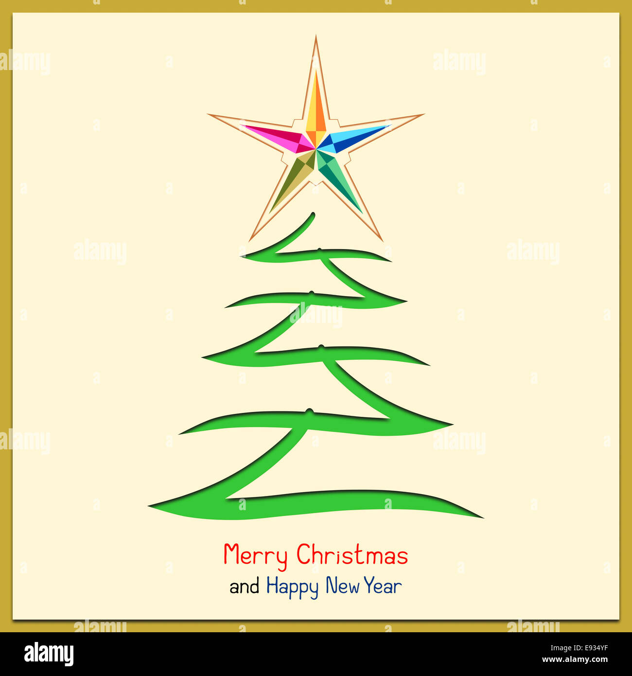 An illustration of Christmas and New Year message with brush stroke tree and colorful star. Custom handwritten message. Stock Photo