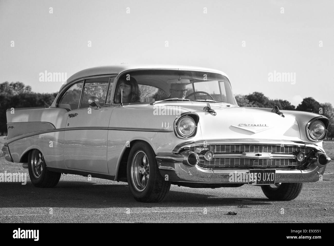 1950s Chevrolet. Chevy. Classic American car Black and White Stock Photo