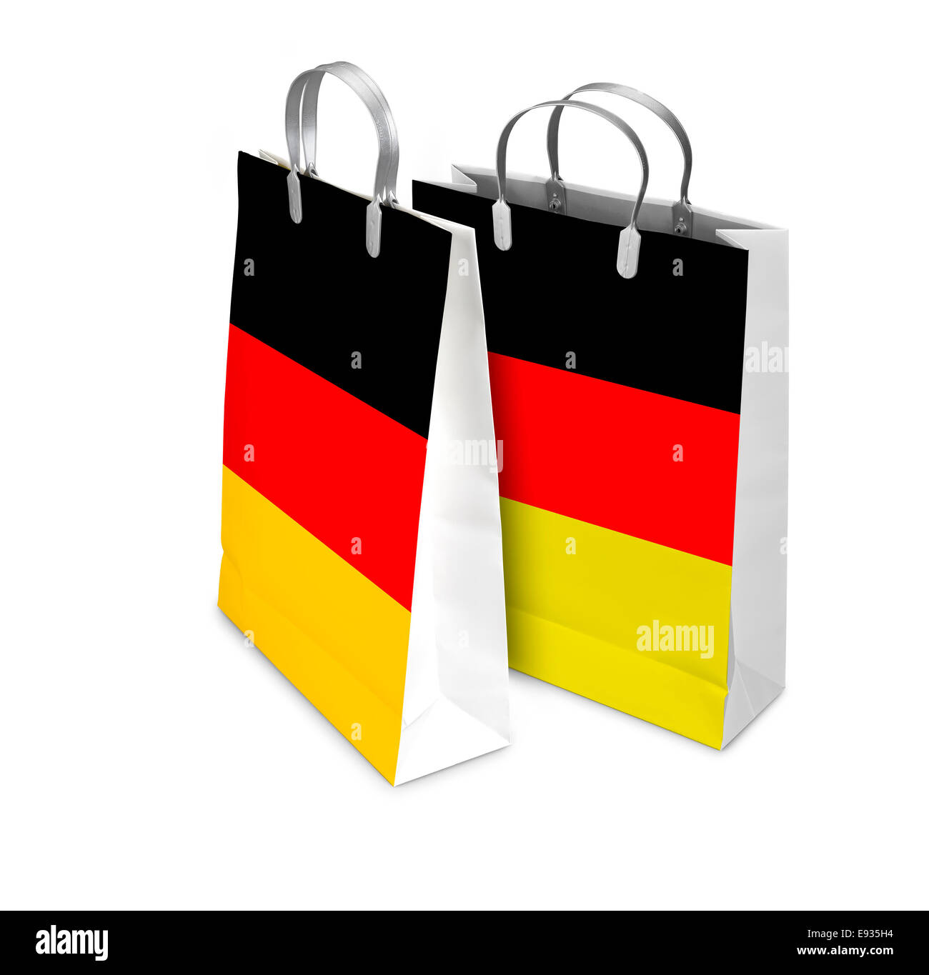 Two Shopping Bags opened and closed with  Germany flag isolated on white. There is a different path for each bag Stock Photo