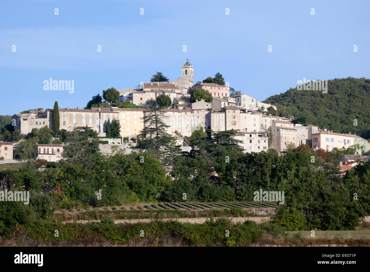 A panoramic view of the village of Banon in the Alpes de Haute Provence (France). Vue panoramique du village de Banon (France). Stock Photo