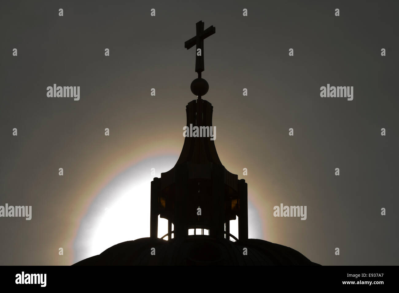 spire church silhouette cross sun religious tower Stock Photo