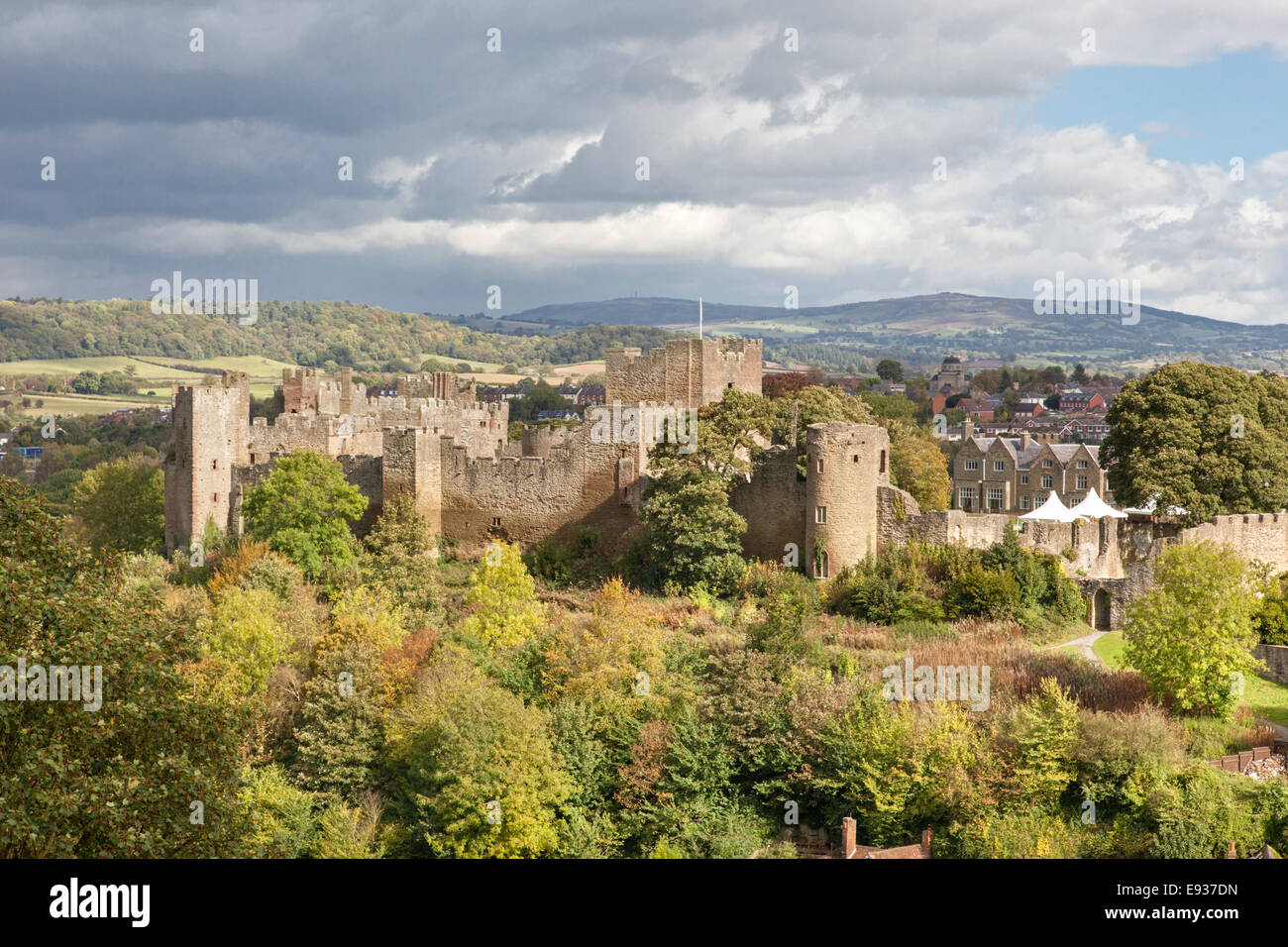 Ludlow Castle in autumn color and the distant Brown Clee Hill, Ludlow