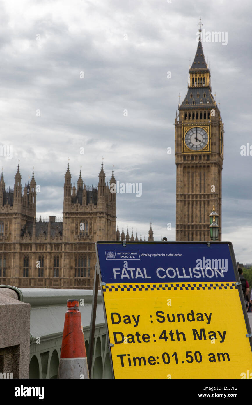 Police sign on Westminster Bridge regarding a fatal collision, London, England, UK Stock Photo