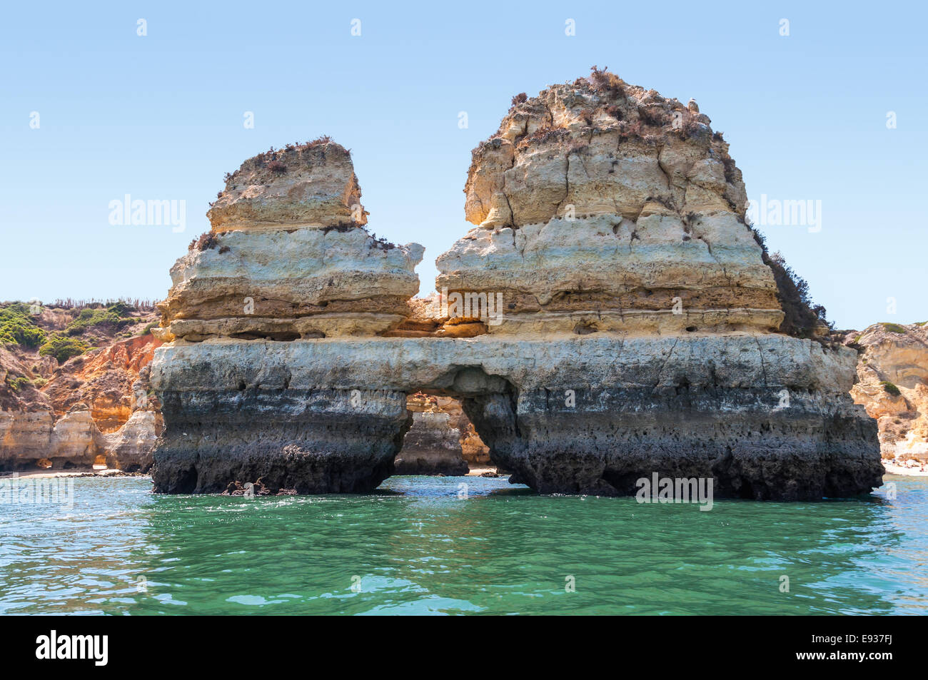 Rock formations near Lagos in Portugal seen from the water. Stock Photo