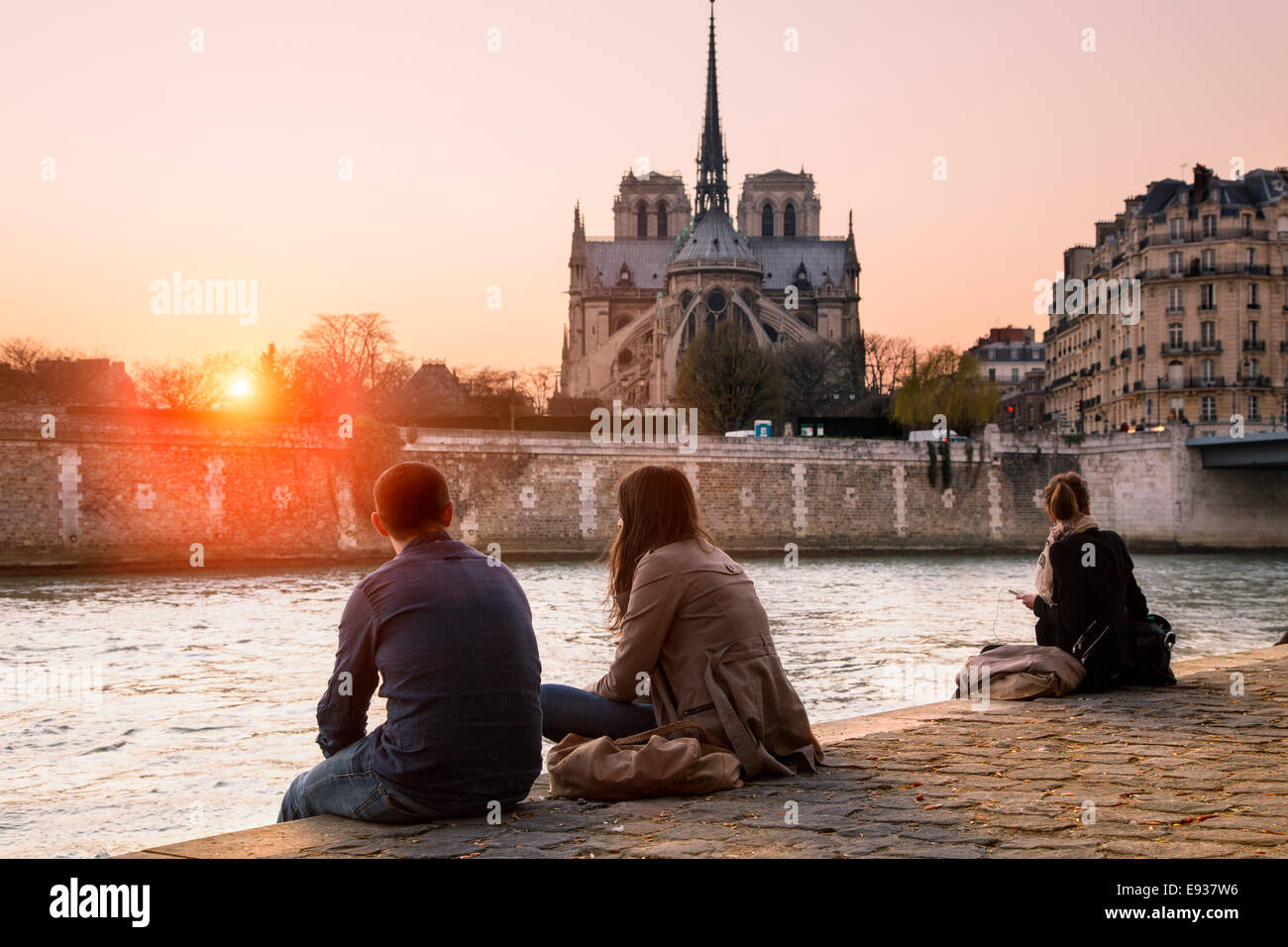 People relaxing along the seine river Stock Photo