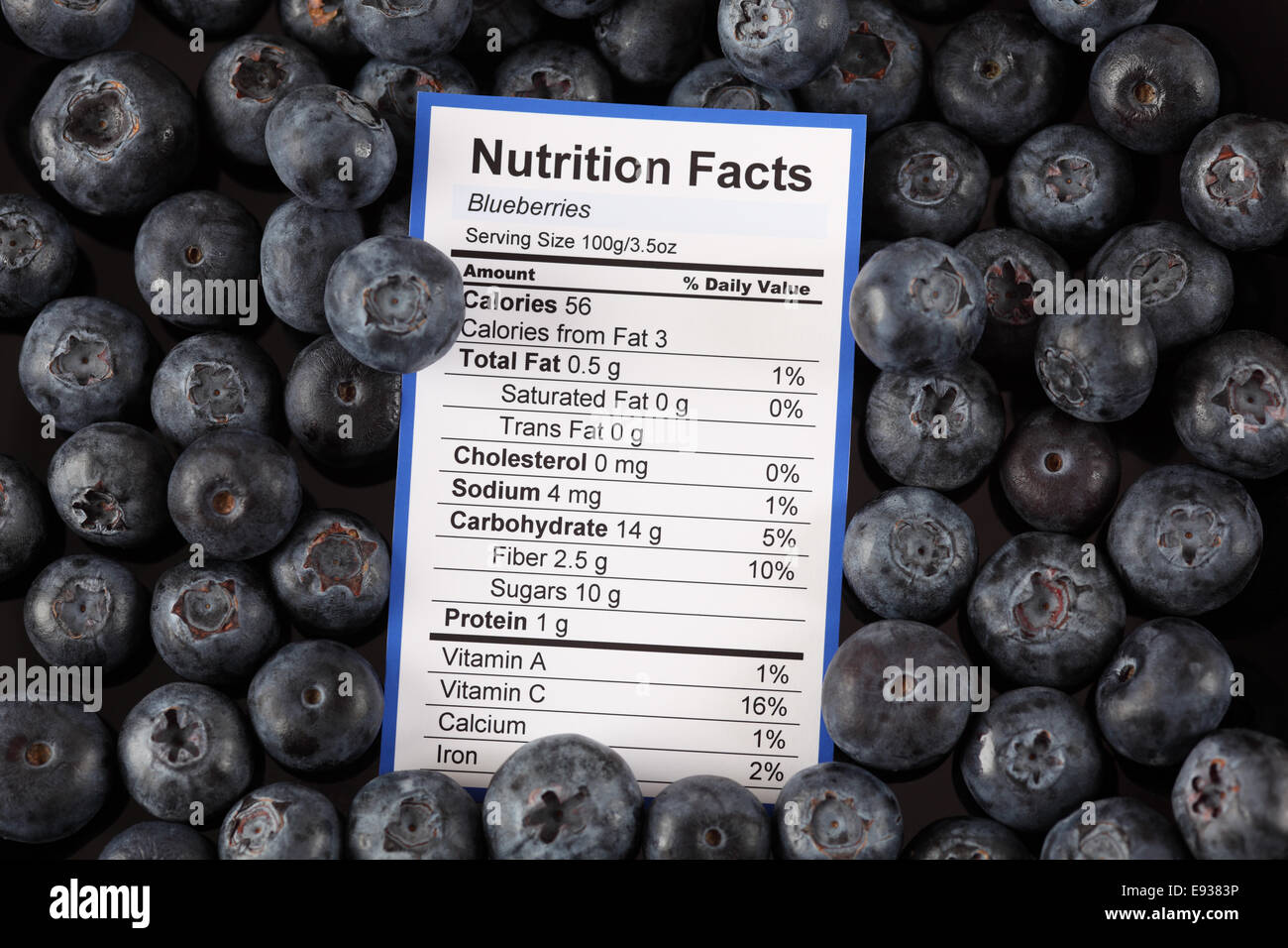 Nutrition Facts Of Blueberries With Blueberries Background Stock Photo Alamy