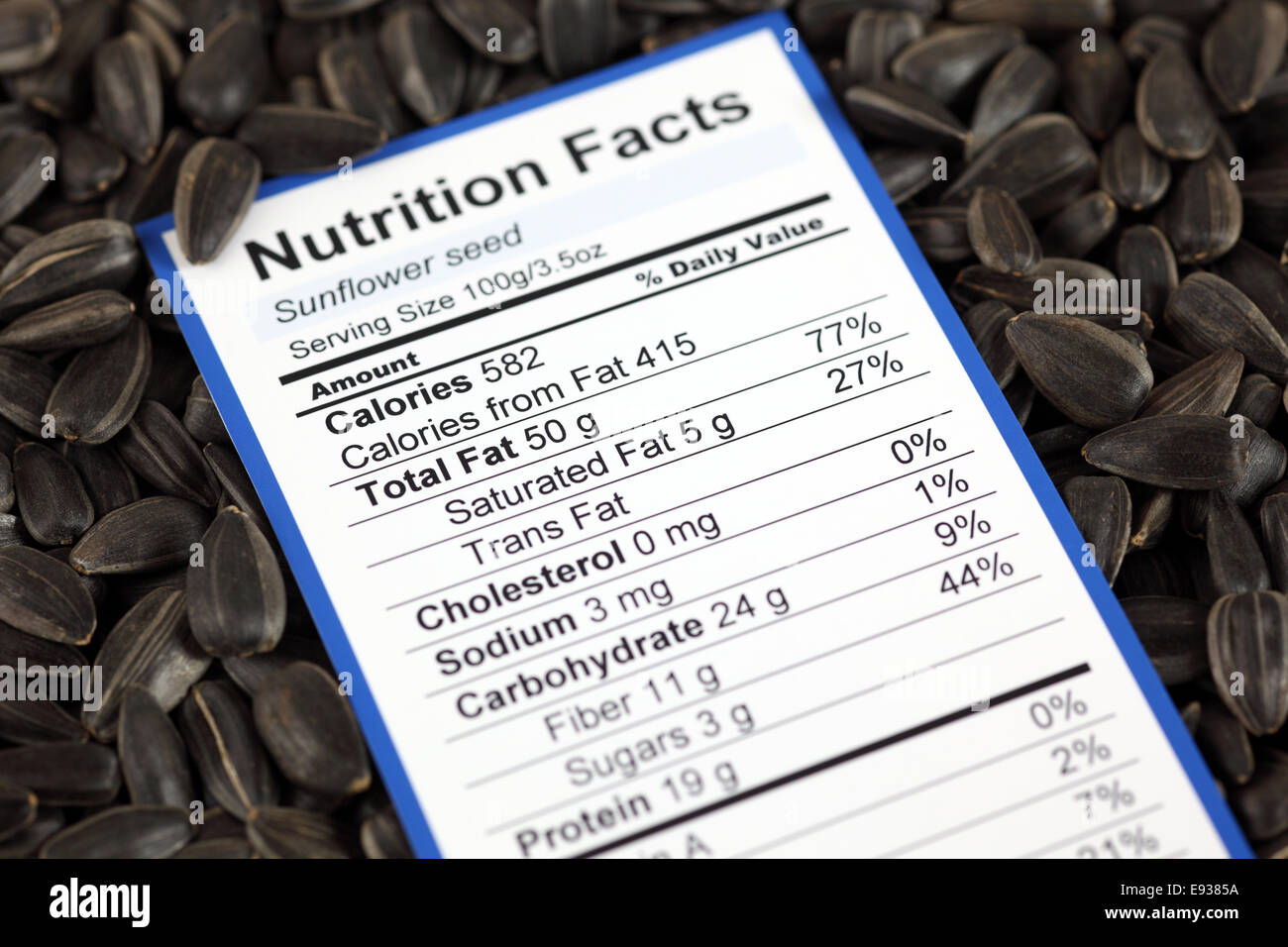 Nutrition Facts Of Sunflower Seed With Sunflower Seeds Background Stock Photo Alamy