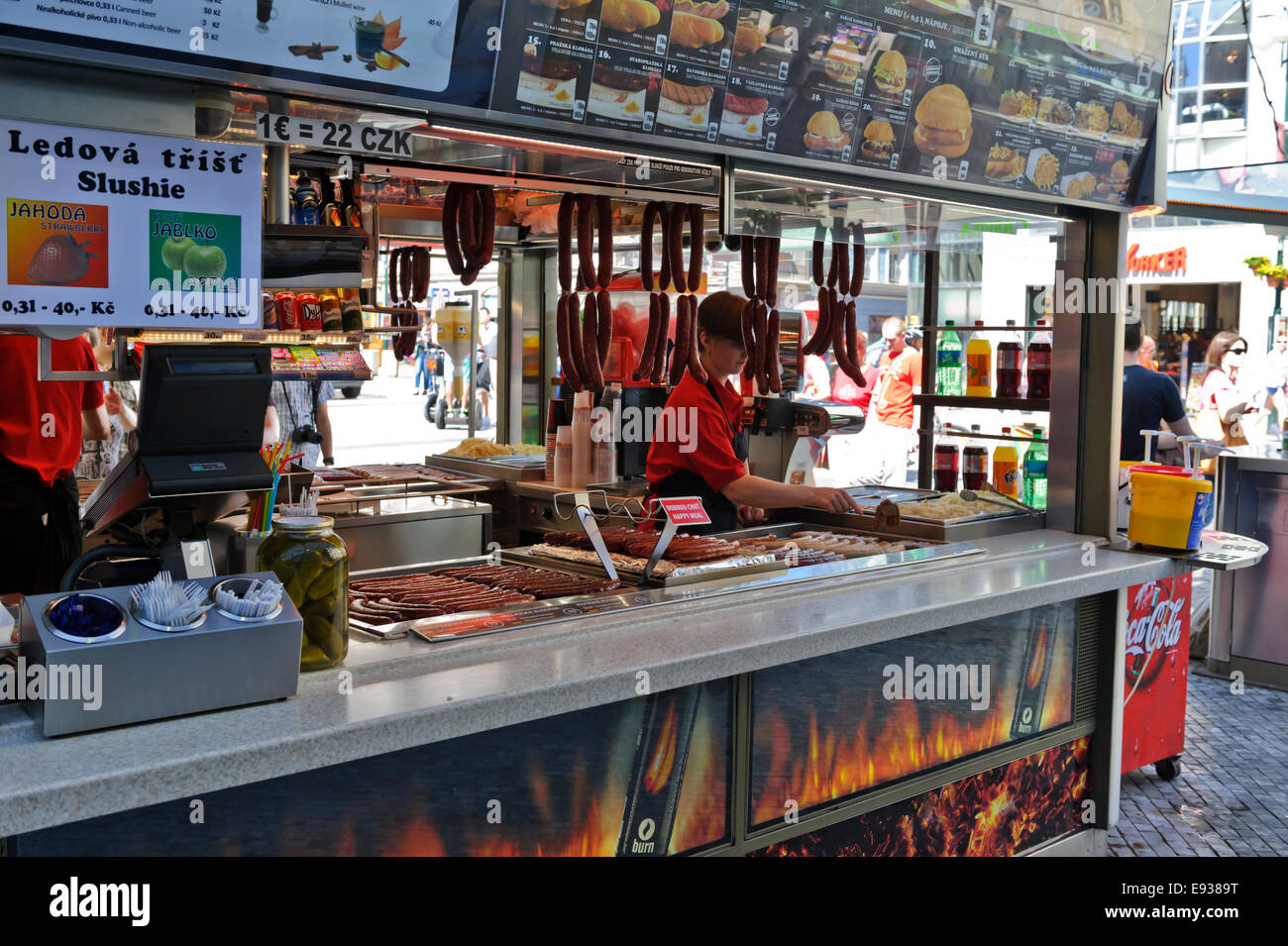 A fast food kiosk selling gilled sausages in the City of Prague, Czech