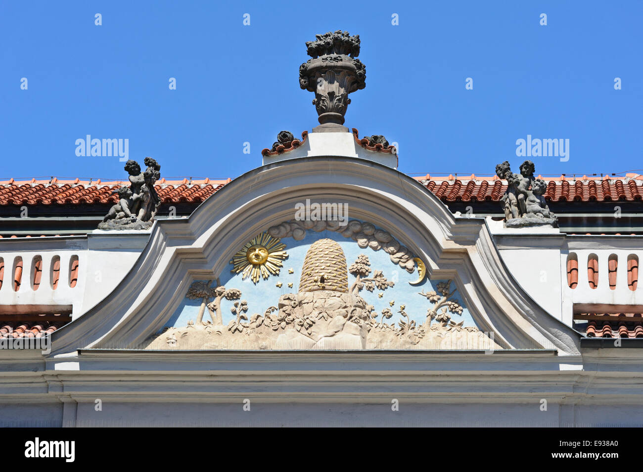 A decorative exterior of a building with bas relief and small statues, Prague, Czech Republic. Stock Photo