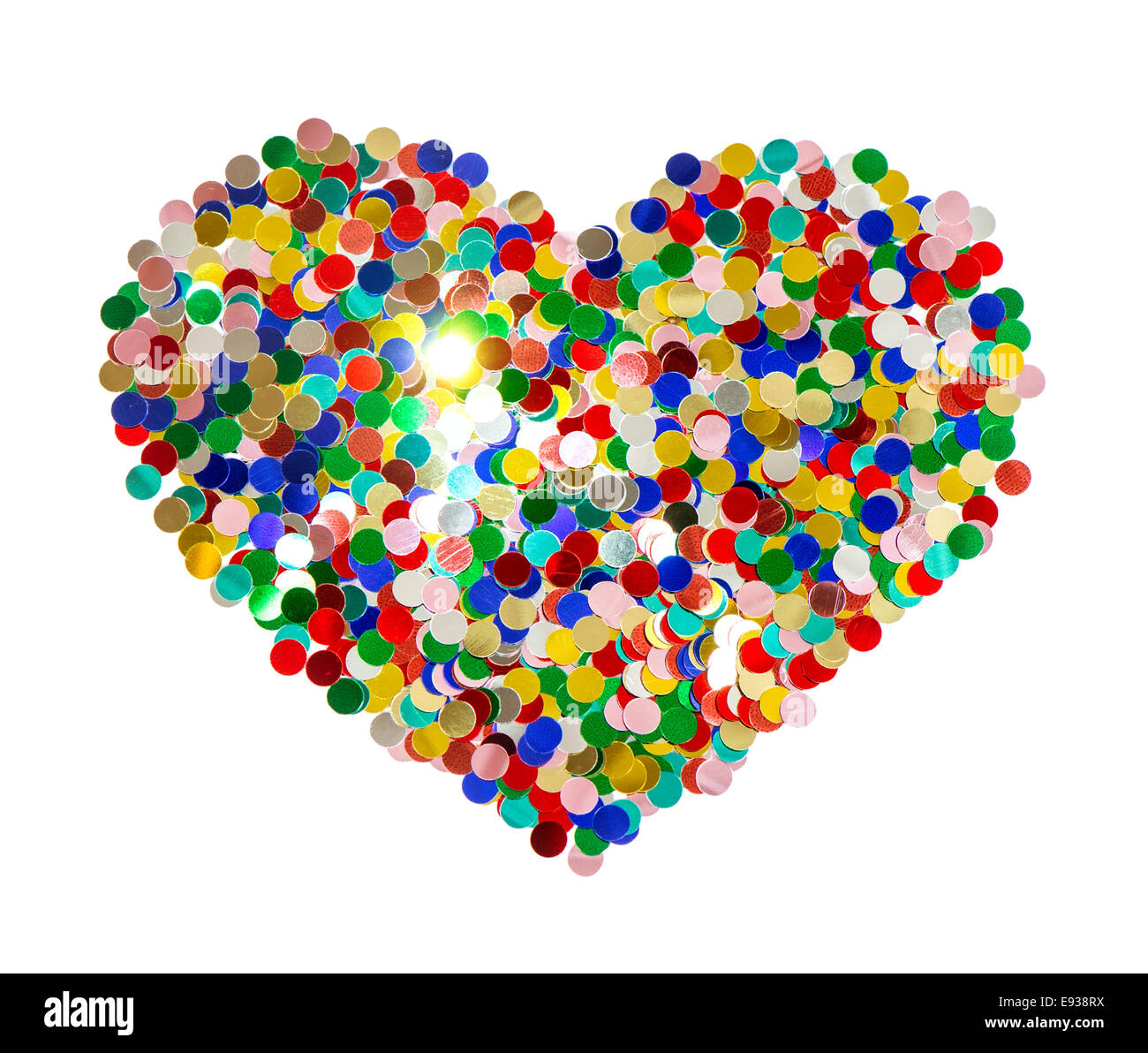 confetti background in heart shape isolated on white. red, blue, green, yellow Stock Photo