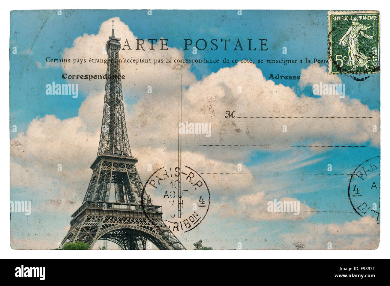 antique french postcard from paris with eiffel tower over blue sky Stock Photo