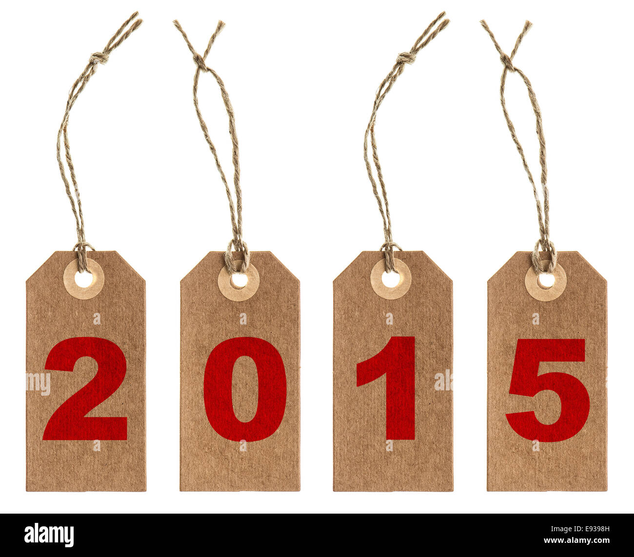 brown paper tag with string isolated on white background. New Year 2015 concept Stock Photo