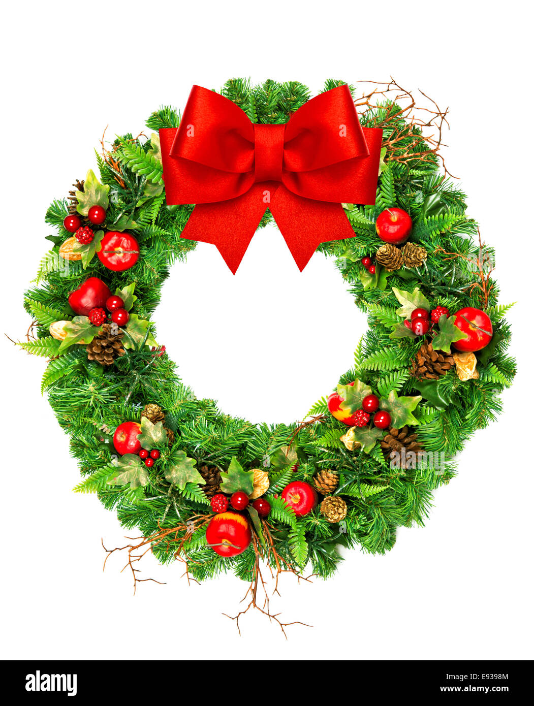 christmas wreath with red ribbon bow isolated on white background Stock ...