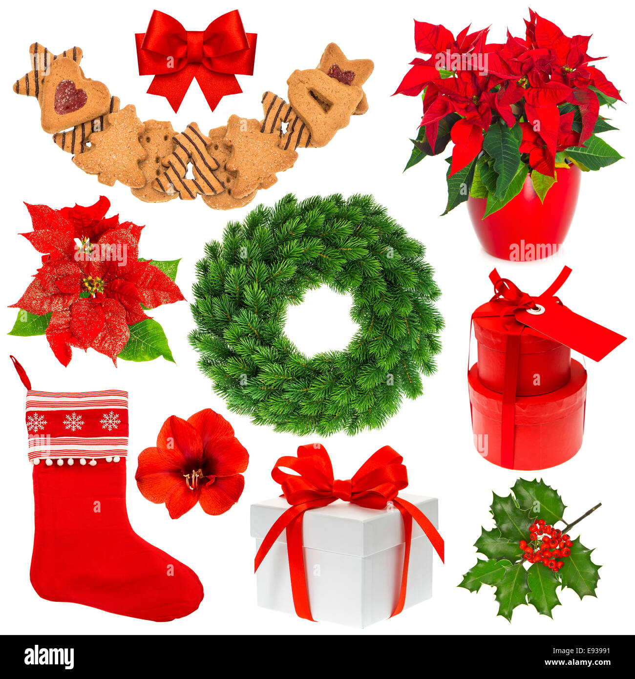 Christmas collection isolated on white background. Stocking, gifts, wreath, cookies, red flower Stock Photo